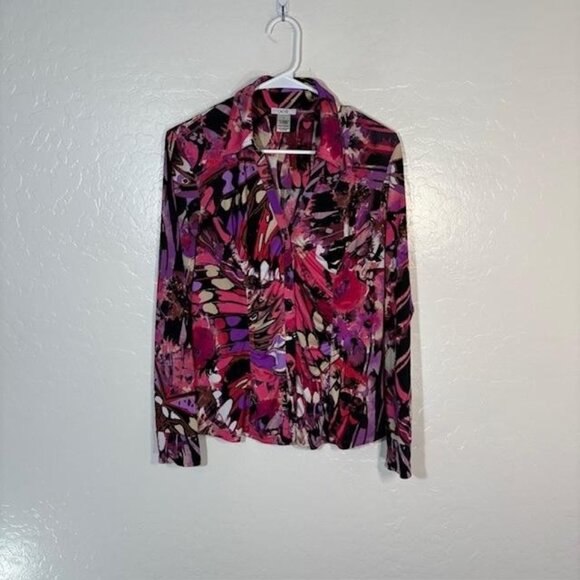 Cache Shirt Womens Medium Pink Purple Abstract Snap Front Long Sleeve Stretch - Picture 1 of 7